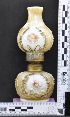 Milk Glass miniature oil lamp with embossed flowers/ torch design, 8"h - 7