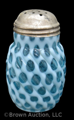 Blue opalescent Coin Dot swirl sugar shaker, 5" tall