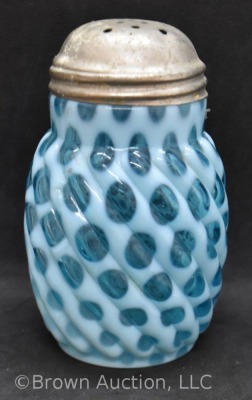 Blue opalescent Coin Dot swirl sugar shaker, 5" tall - 4