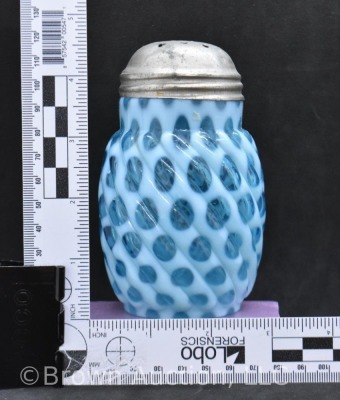 Blue opalescent Coin Dot swirl sugar shaker, 5" tall - 7