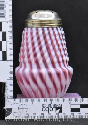 Cranberry opalescent swirl sugar shaker, 5" tall - 6