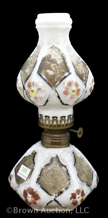 Milk glass miniature oil lamp with embossed flowers, 8.75"h