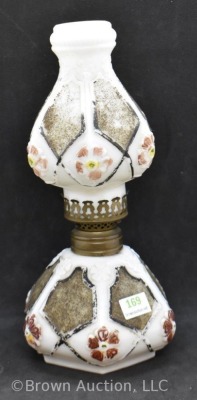 Milk glass miniature oil lamp with embossed flowers, 8.75"h - 2