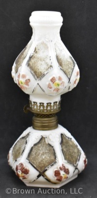 Milk glass miniature oil lamp with embossed flowers, 8.75"h - 3