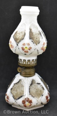 Milk glass miniature oil lamp with embossed flowers, 8.75"h - 4