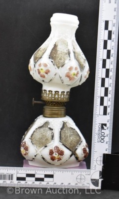 Milk glass miniature oil lamp with embossed flowers, 8.75"h - 7