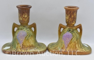 Pair of Roseville Wisteria 1091-4" candlestick, brown (top rim chip on 1)