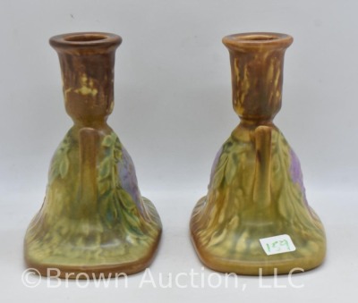 Pair of Roseville Wisteria 1091-4" candlestick, brown (top rim chip on 1) - 2