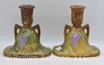 Pair of Roseville Wisteria 1091-4" candlestick, brown (top rim chip on 1) - 3