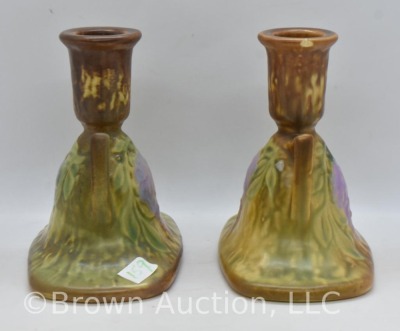 Pair of Roseville Wisteria 1091-4" candlestick, brown (top rim chip on 1) - 4