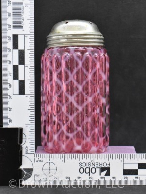 Cranberry opalescent Diamond Optic Lattice sugar shaker, 5"l tall - 7