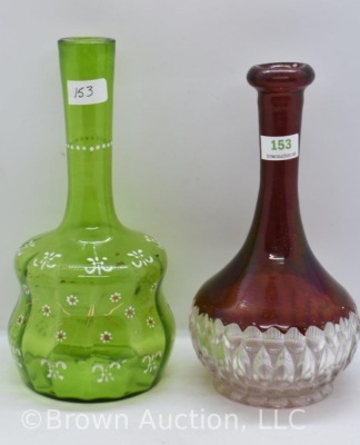 (2) Bitter's bottles, 1-green with enameled flowers and 1-ruby stained