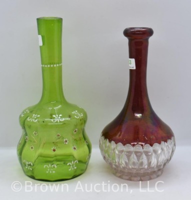 (2) Bitter's bottles, 1-green with enameled flowers and 1-ruby stained - 2