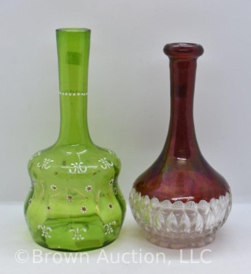 (2) Bitter's bottles, 1-green with enameled flowers and 1-ruby stained - 3