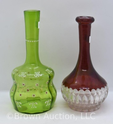 (2) Bitter's bottles, 1-green with enameled flowers and 1-ruby stained - 4