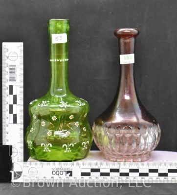 (2) Bitter's bottles, 1-green with enameled flowers and 1-ruby stained - 7