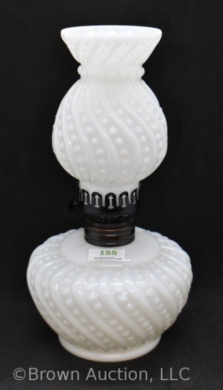 Milk Glass embossed Beaded Swirl miniature oil lamp, 8.5" tall