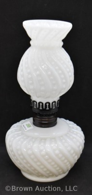 Milk Glass embossed Beaded Swirl miniature oil lamp, 8.5" tall - 2