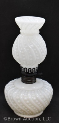 Milk Glass embossed Beaded Swirl miniature oil lamp, 8.5" tall - 3