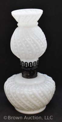 Milk Glass embossed Beaded Swirl miniature oil lamp, 8.5" tall - 4