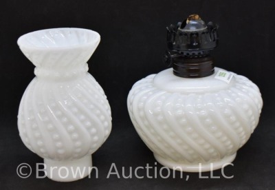 Milk Glass embossed Beaded Swirl miniature oil lamp, 8.5" tall - 5