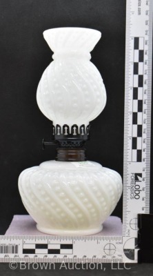 Milk Glass embossed Beaded Swirl miniature oil lamp, 8.5" tall - 7