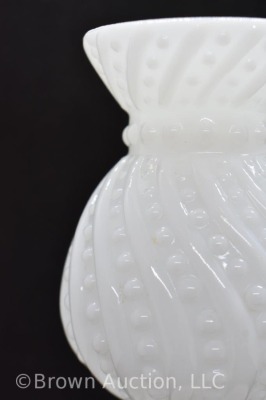 Milk Glass embossed Beaded Swirl miniature oil lamp, 8.5" tall - 8