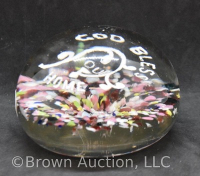 Glass multi-color "God Bless our Home" paperweight; approx. 3"d x 2"h - 2