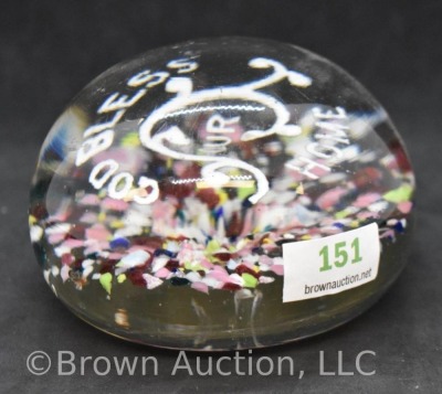 Glass multi-color "God Bless our Home" paperweight; approx. 3"d x 2"h - 4