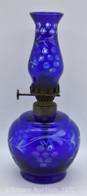 Cobalt cut-to-clear miniature oil lamp, 7.5"h