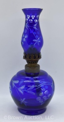 Cobalt cut-to-clear miniature oil lamp, 7.5"h - 2