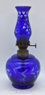 Cobalt cut-to-clear miniature oil lamp, 7.5"h - 3