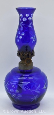 Cobalt cut-to-clear miniature oil lamp, 7.5"h - 4