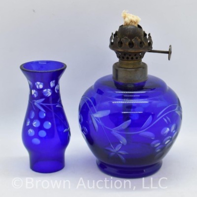 Cobalt cut-to-clear miniature oil lamp, 7.5"h - 5