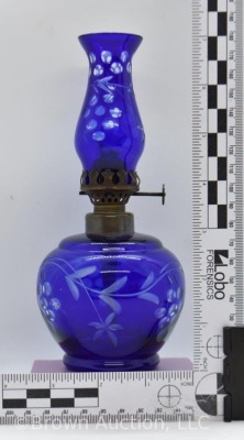 Cobalt cut-to-clear miniature oil lamp, 7.5"h - 7