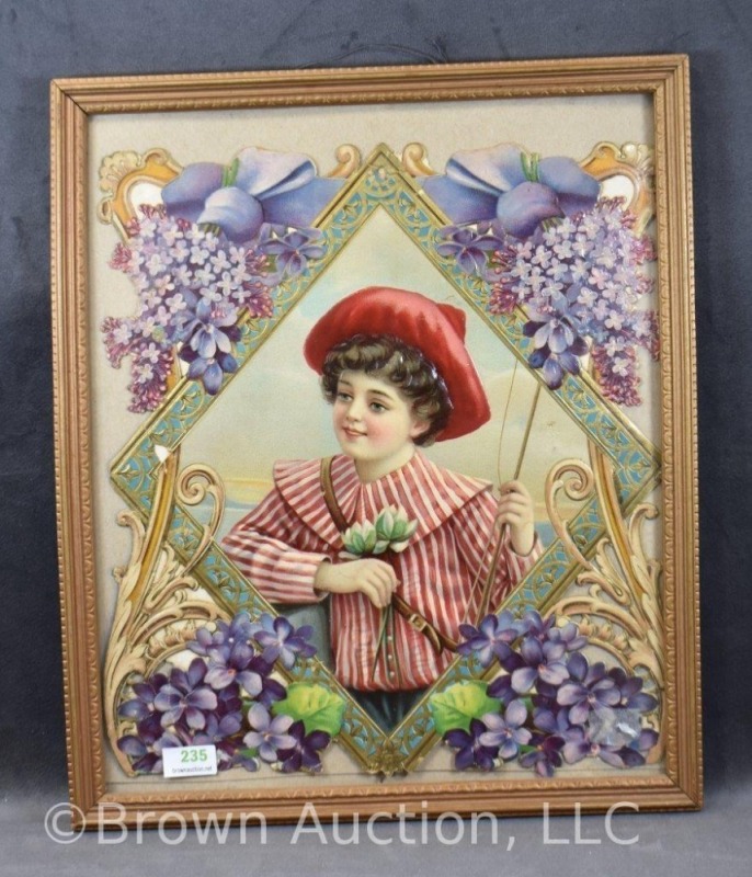 Framed embossed piece of young girl - possible part of a Valentine or other type of greeting card, framed size 11: x 13"