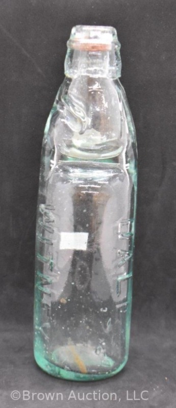 Dale's Witney aqua glass Codd bottle + marble, 9.25" tall