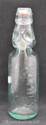 Dale's Witney aqua glass Codd bottle + marble, 9.25" tall - 4