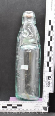 Dale's Witney aqua glass Codd bottle + marble, 9.25" tall - 9