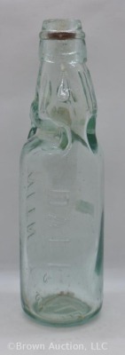 Dale's Witney aqua glass Codd bottle + marble, 9.25" tall - 11