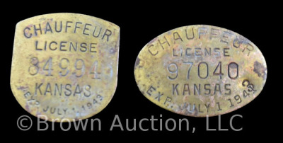 (2) Kansas Chauffeur license brass badges, Exp. July 1, 1943