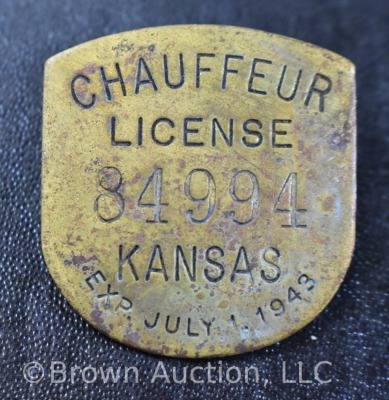 (2) Kansas Chauffeur license brass badges, Exp. July 1, 1943 - 2