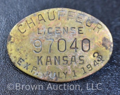 (2) Kansas Chauffeur license brass badges, Exp. July 1, 1943 - 3