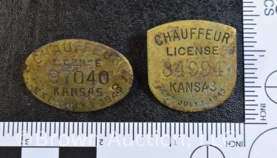 (2) Kansas Chauffeur license brass badges, Exp. July 1, 1943 - 5