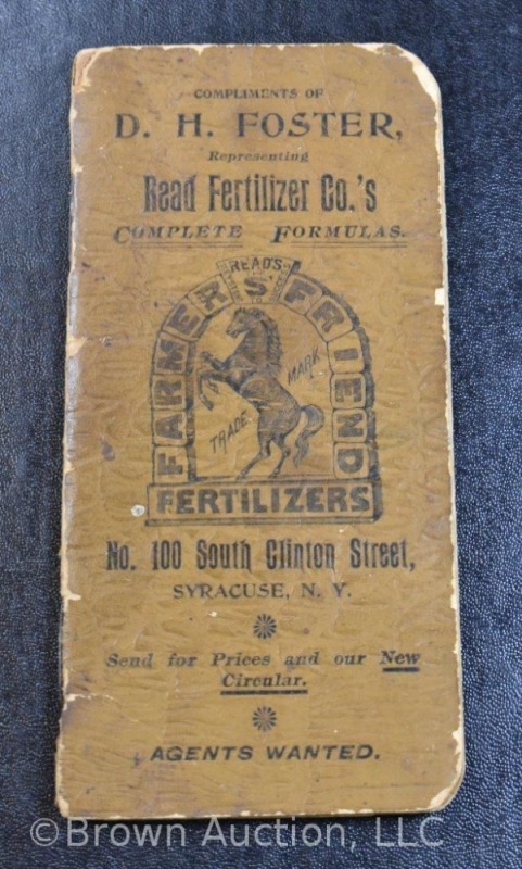 1896 Read Fertilizer Co's. Complete Formulas booklet, compliments of D.H. Foster (New York), 5.5" tall