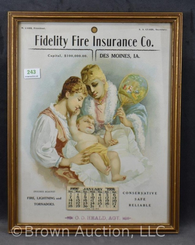 Fidelity Fire Insurance Co. (Des Moinbes, IA) 1906 advertising calendar, framed size 9" x 11.5"