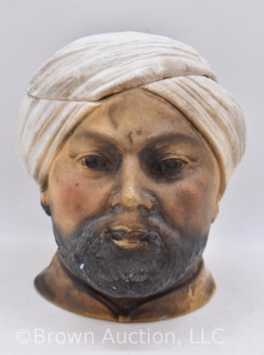 Unm. figural Arab man with turban bisque humidor, 5" tall - 2