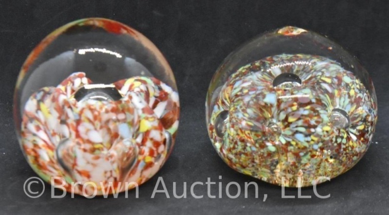 (2) Multicolor Art Glass Paperweights with Bubble Flower Colorful Confetti Design