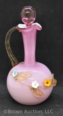 Art Glass 7.5"h pink cruet, Stevens and Williams-style applied floral decorations