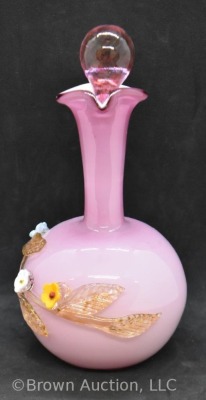 Art Glass 7.5"h pink cruet, Stevens and Williams-style applied floral decorations - 2